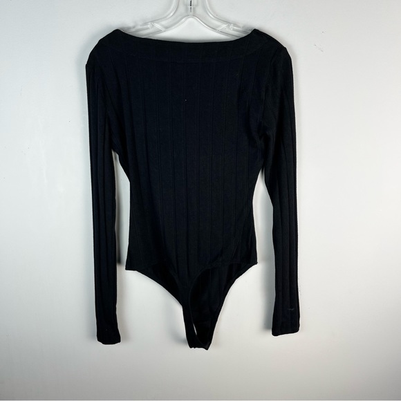 Free People Black Beside Me Square Neck Long Sleeve Ribbed Snap Bottom Bodysuit - Picture 4 of 6